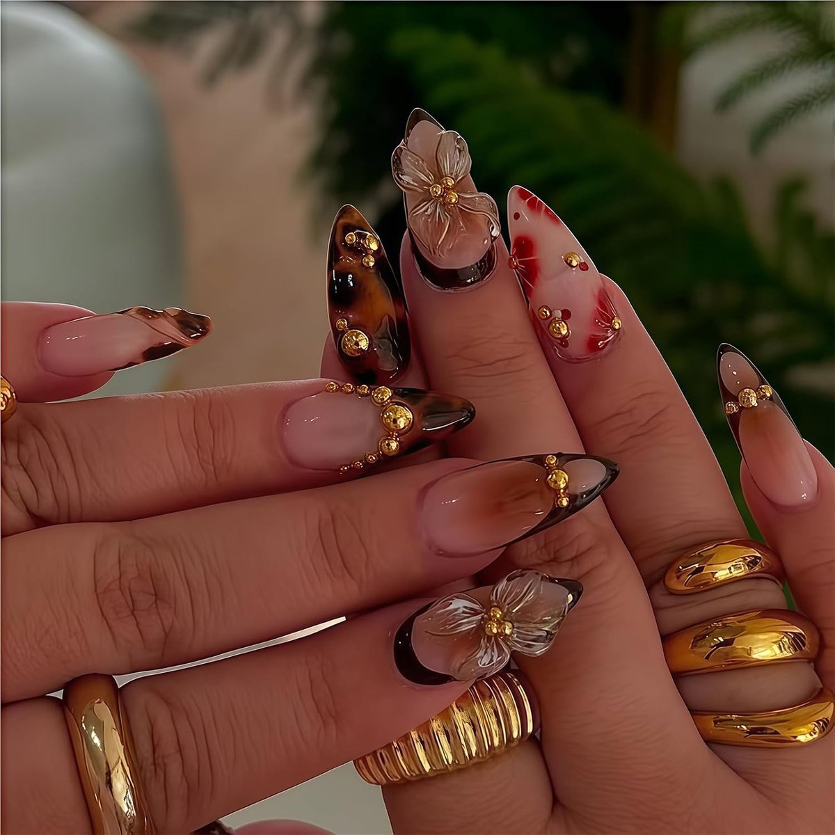 24 stuks Press-on nagels, lijm op nagels, 3D bloem schildpad gradiënt ontwerp, medium Press-on nagels amandel voor vrouwen, meisjes voor herfstfeesten, Nieuwjaar