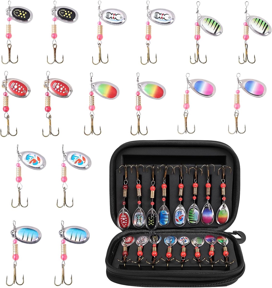 Spinnaasset met opbergdoos, paillettenspinners, visaas met haken, veelkleurig visaas voor forel, snoek, baars, zalm, 16-delig