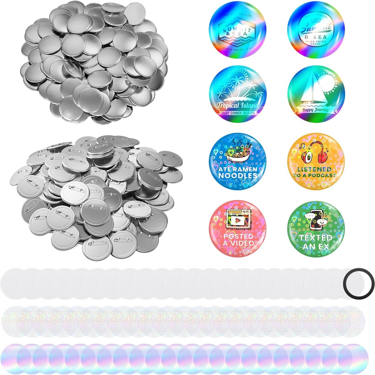 Knopenvervaardigingsaccessoires 100 sets 58 mm badge-inzetstukken voor 58 mm knopmachine, accessoires voor het maken van badges, metalen speld, metalen afdekking, glitterfolie en blanco papier