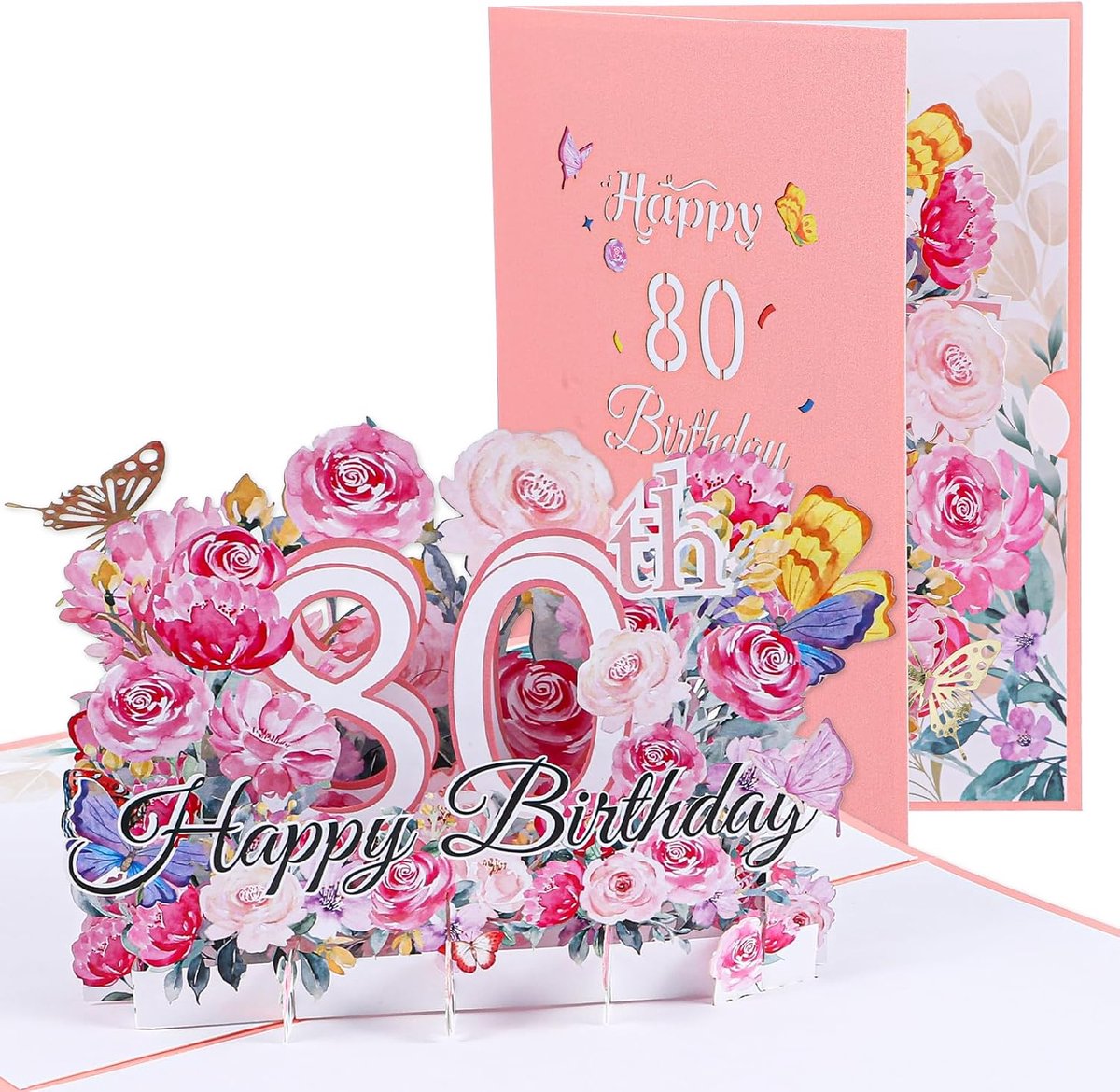 Verjaardagskaart 80e vrouw, 3D bloemen pop-up kaart verjaardag, cadeau voor 80e verjaardag, pop-up kaarten, jubileumkaart met Happy Birthday-opschrift voor moeders, familie, vrouwen (18 x 13 cm