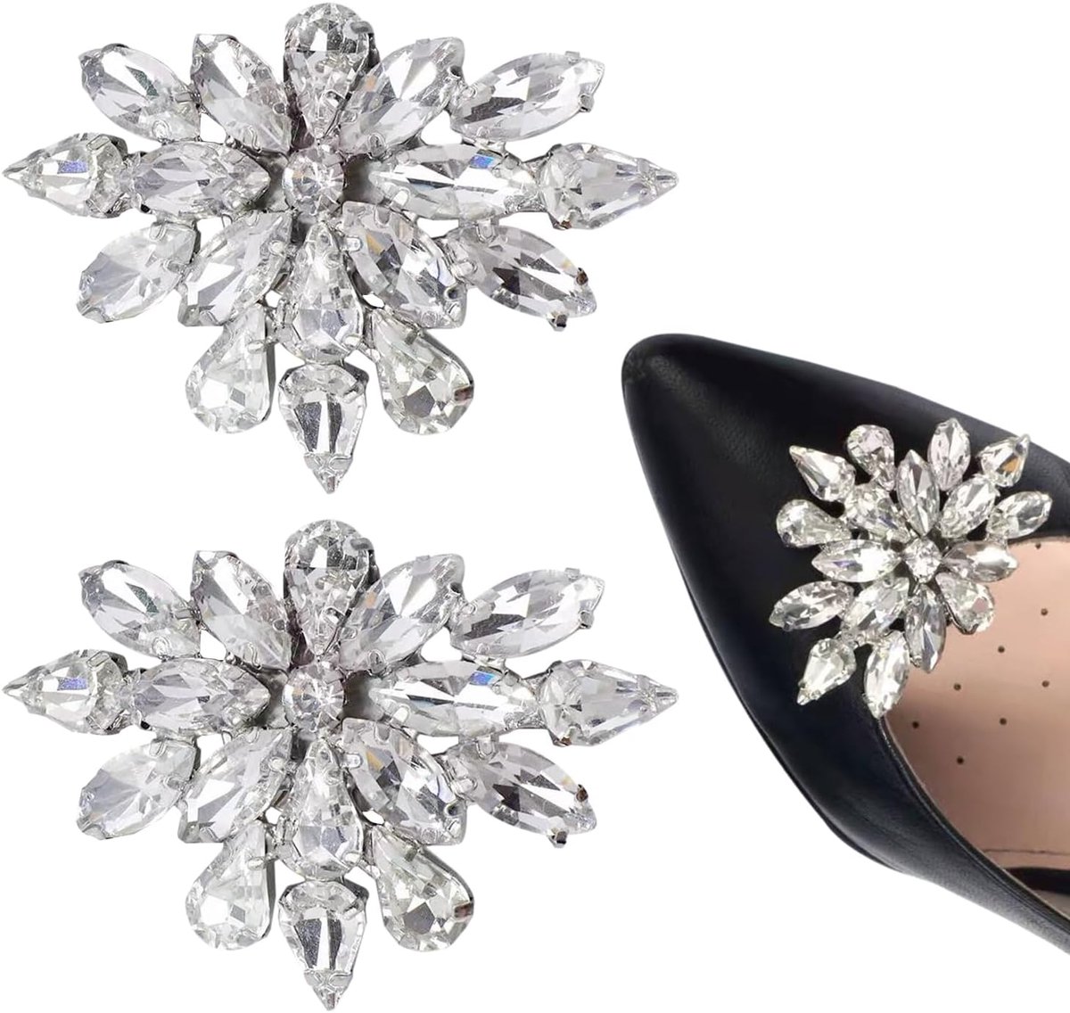 2 stuks schoenclips voor dames, kristallen schoenclips voor hoge hakken, glinsterende decoratieve schoensluitingen, eleiaccessoires voor damesschoenen, Zilver, Eén maat