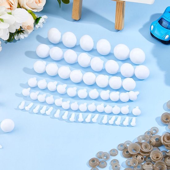 120 stuks 6 maten veiligheidsogen om te haken, 6-20 mm, witte poppenogen, ronde ogen, knutselen, met ringen van kunststof, voor het knutselen van poppen — afbeelding 3