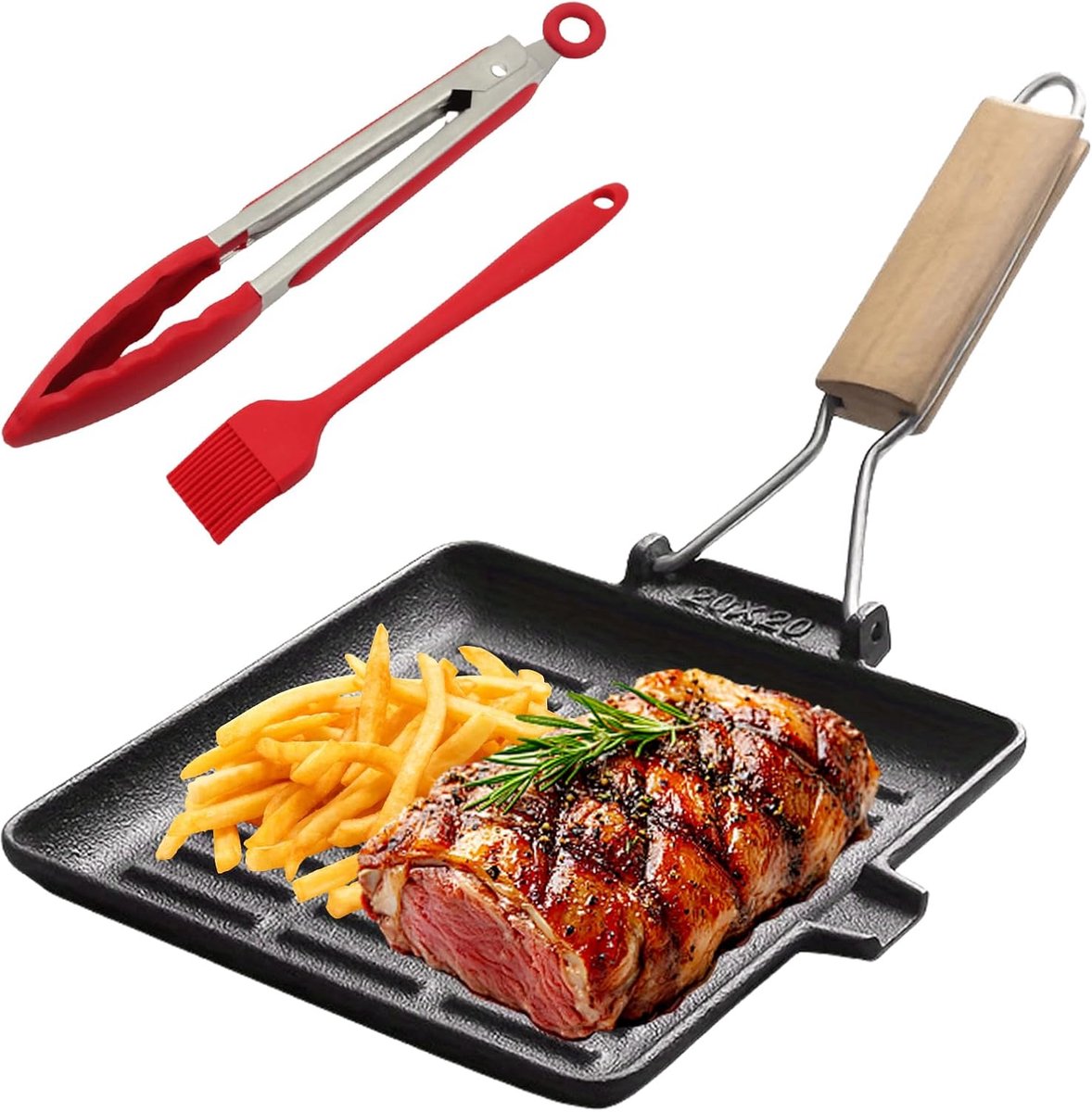 Grillpan inductie: steakpan gietijzer met afneembare handgreep, 24 x 24 cm antiaanbaklaag gietijzeren grillpan voor alle soorten fornuizen, gemakkelijk te reinigen