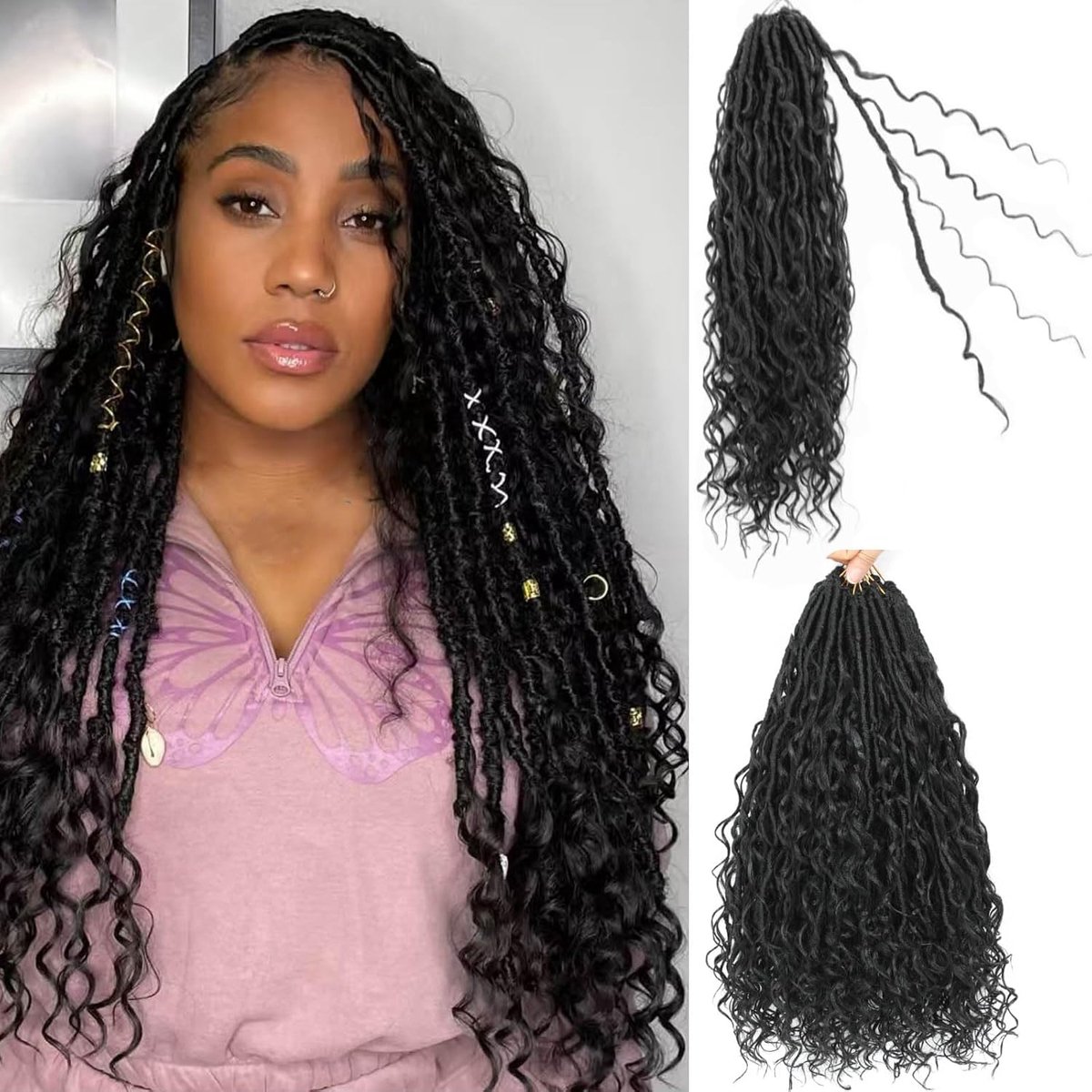 Goddess Locs gehaakt haar, 45 cm, 7 verpakkingen godinne faux locs gehaakt haar, vooraf gelopen boho zachte locs synthetische vlechten, haarextensies voor vrouwen (1B#, 45 cm)