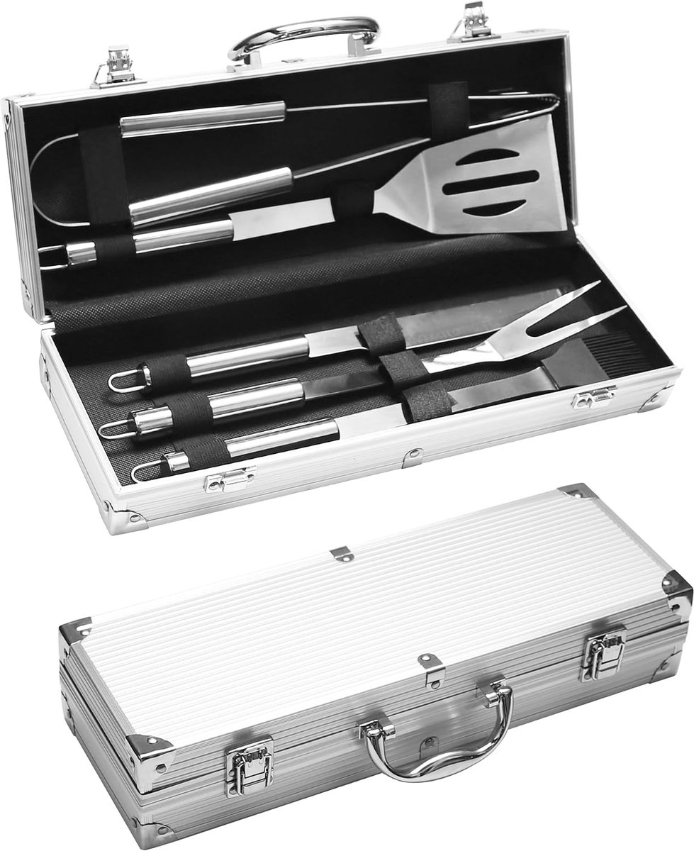 5 stuks roestvrijstalen grillset als cadeau, BBQ-grillbestekset, roestvrij staal, grillset voor mannen, cadeau, 37 x 12 x 7 cm, verpakt in aluminium koffer, voor grillen en kamperen, bruin