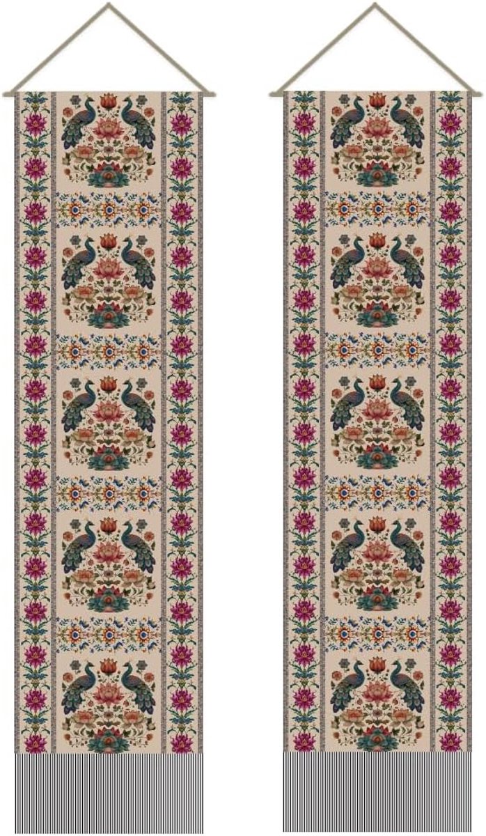 2 stuks bloemen pauwen wandtapijt, elegante pauw wandtapijten, vintage natuur lange wandtapijt met kwastjes voor woonkamer slaapkamer thuiskantoor decoratie, 116 x 33 cm