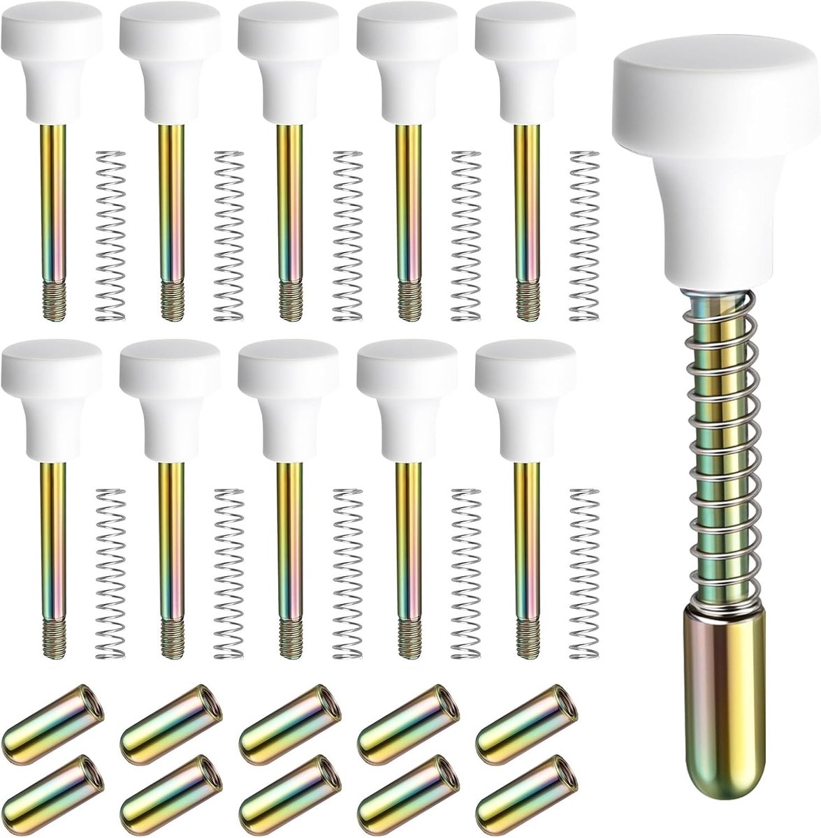 12 stuks zuigervergrendelingen en bevestigingspinnen M4 x 57 voor raamschermen/raamrooster, aluminiumlegering met veren en doppen, reparatieset voor reserveonderdelen
