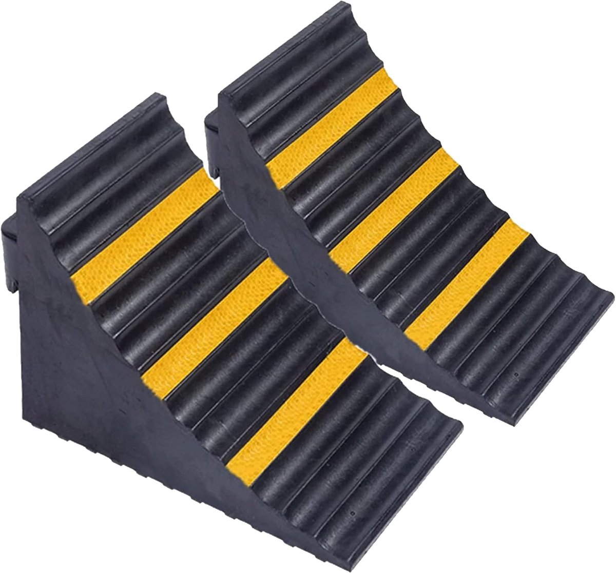 uyoyous Set van 2 rubberen wielwiggen, robuuste autowiggen, wielblokkers met reflecterende strepen en transportgreep, 25 x 16 x 19 cm, voor camper, aanhanger, auto