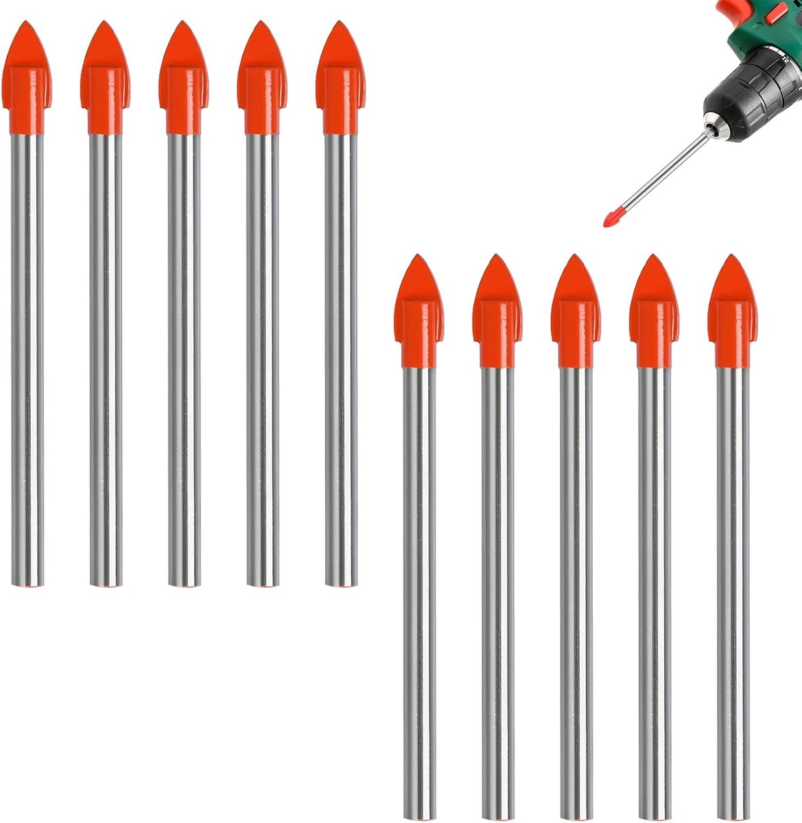Set van 10 tegelboren, glazen boor, kop, tegelboor 6 mm, excentrische boorkop, porseleinen boor voor etagères, geschikt voor tegels, glas, aluminium, keramiek, baksteen, porselein, spiegel, kunststof