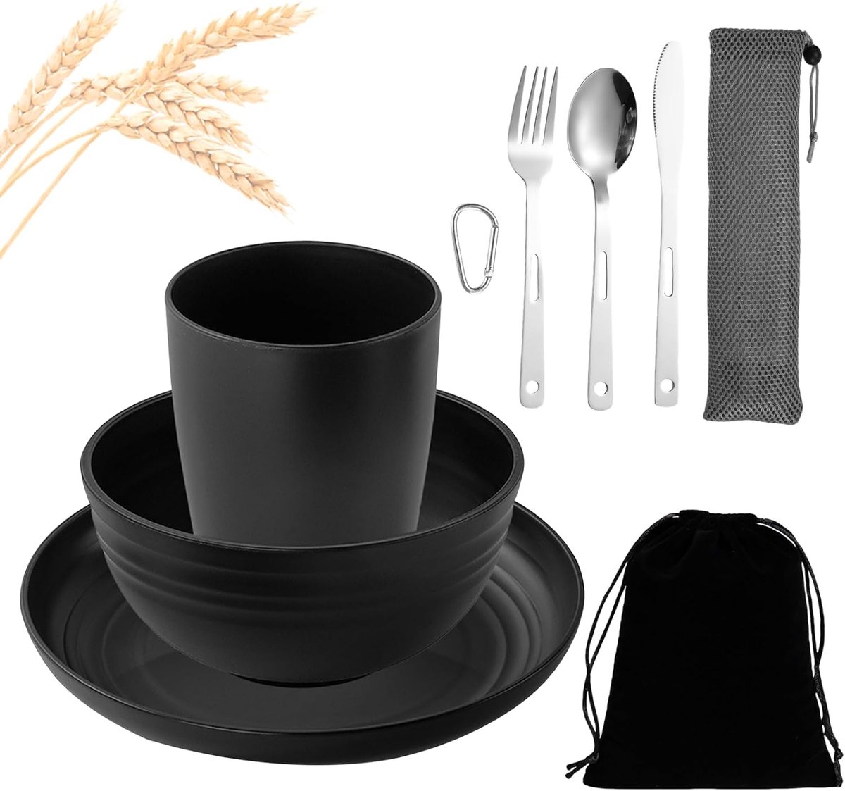 Bestekset, 9-delig, met kom, bord, beker, mes, lepel en vork, onbreekbaar melamine serviesset, herbruikbaar, voor picknick en outdoor, zwart