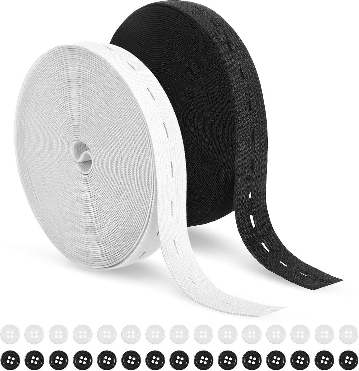 2 rollen elastiek naaien 20 m met 30 knopen, elastiek 20 mm met knoopogen, elastische rubberen band voor naaien, breien, taillebanden, broekelastiek met elastiek (zwart en wit)