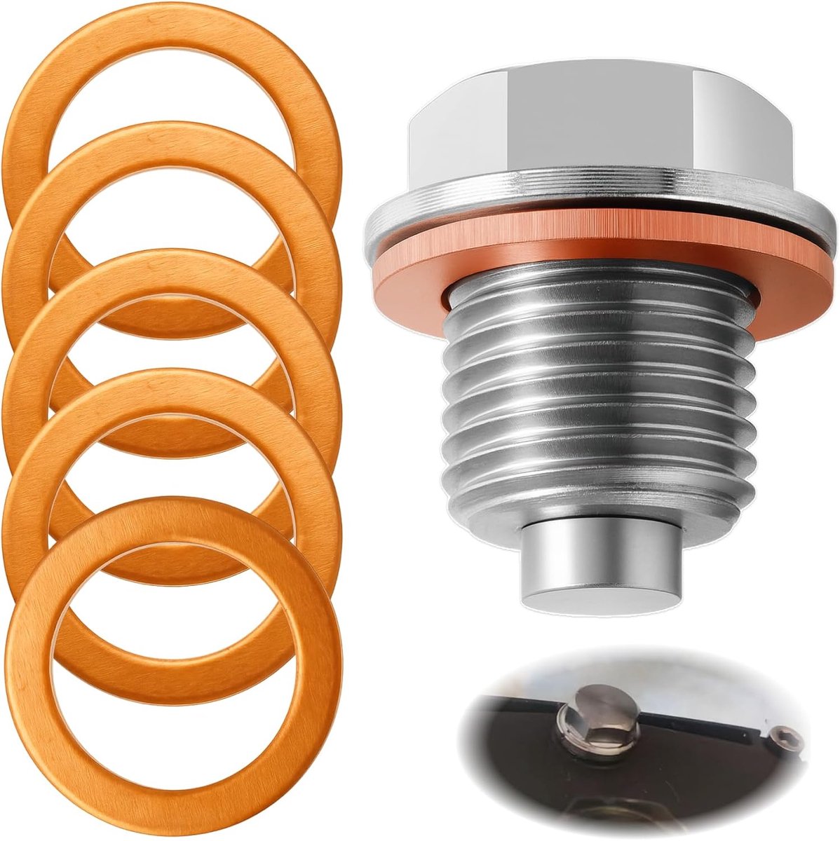 1 stuk Magnetische oliedrainplug, magnetische dichting carteraflaatmoer, aflaatschroef van roestvrij staal M14x1.5, met 5 koperen afdichtingen, herbruikbaar voor motorolieverversing