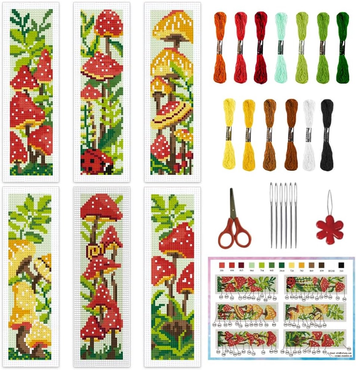 6-delige paddenstoel DIY kruissteek bladwijzer kits 6 x 20 cm Planten gestempelde borduurwerk bladwijzer kit met instructie Rode paddenstoel borduurwerk bladwijzer set met voorgedrukte planten
