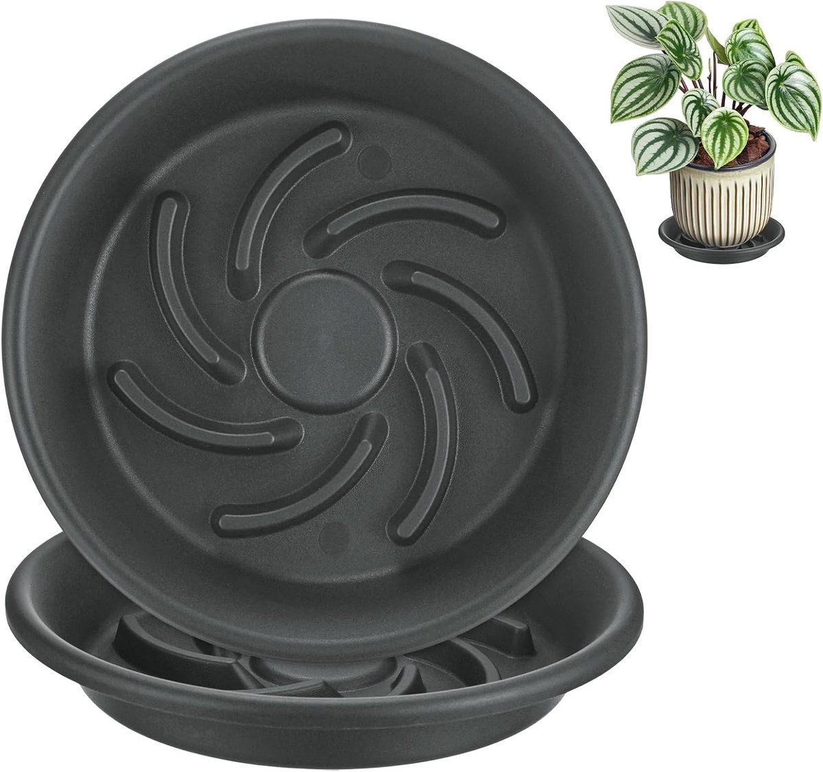 Schotels, 6,3 inch ID anti-rot wortel hars bloempot plantenschotels voor binnen/buiten, bloempot druppelbak [20,3 cm OD, grijs zwart]