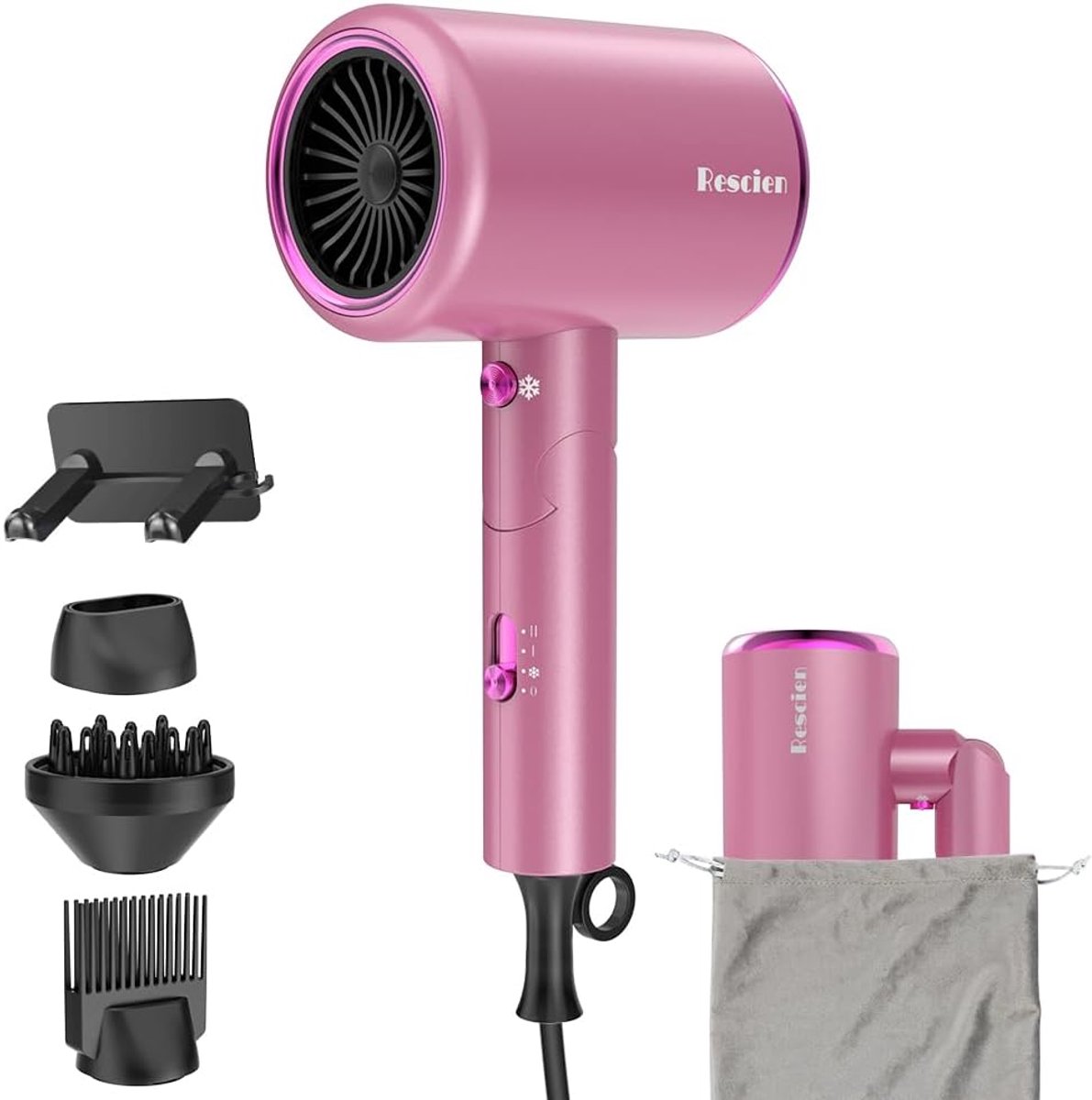 Opvouwbare Föhn 2400W Ionische Haardroger - Reis Haardroger met Diffuser Concentrator en Kam - 3 Temperatuur- en 2 Snelheidsstanden - Inclusief Opbergtas