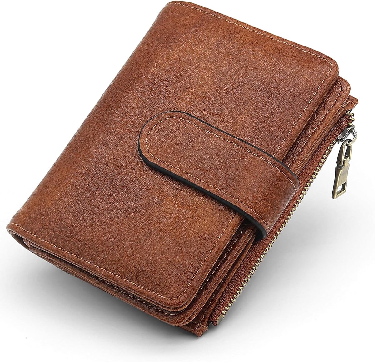 Portemonnee voor dames kleine portemonnee dames PU-leer kleine muntzakje RFID-blokkering portemonnee met rits muntvak en 17 kaartvakken muntzakje in kaartformaat, bruin, 12.7x9.7x3cm, Modern