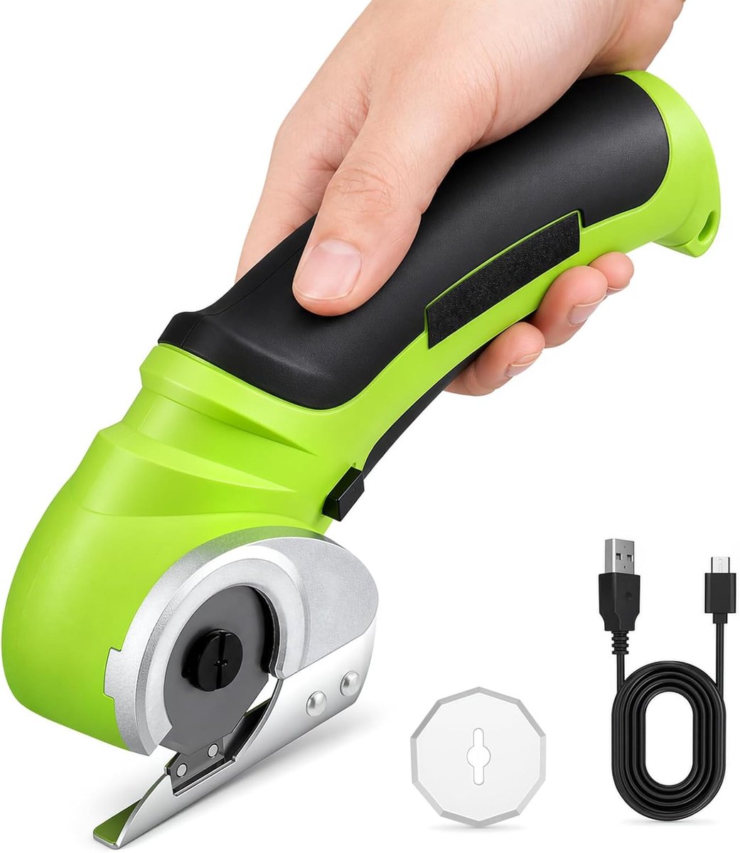 accu-elektrische schaar, 4,2 V elektrische minischaar, tapijt- en kartonschaar met reservemes/oplader, rolmes voor kartonnen verpakkingen, leer en kunststof (groen)