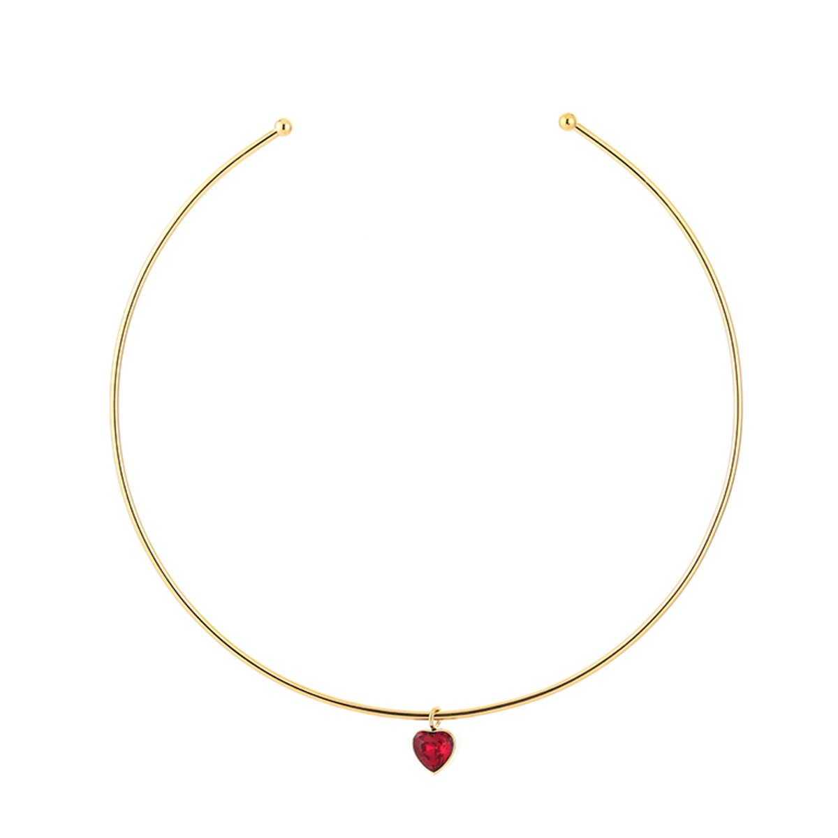 Rigid Open Bangle Choker Heart Zirconia Gem Necklace – Luxe Bangle Choker met Hartje – RVS - Goud/Rood