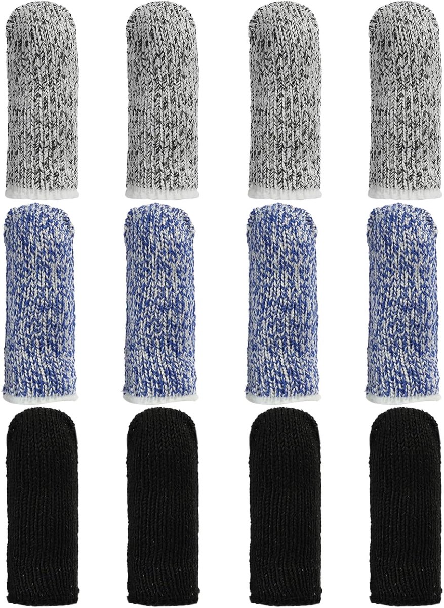 Set van 12 vingerringen in blauw, zwart en grijs, herbruikbaar, antislip en ademende duimbeschermers, snijbestendige bescherming voor keukenwerk, tuinieren en beeldhouwen