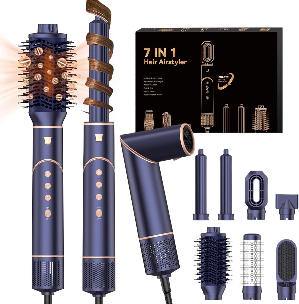 Air Brush Styler 7-in-1 haarborstel, ionische haardroger, hoge snelheid, 110.000 omw/min, met 7 kappersaccessoires, verwarmingsborstel, borstelset, hete luchtborstels, saffierblauw
