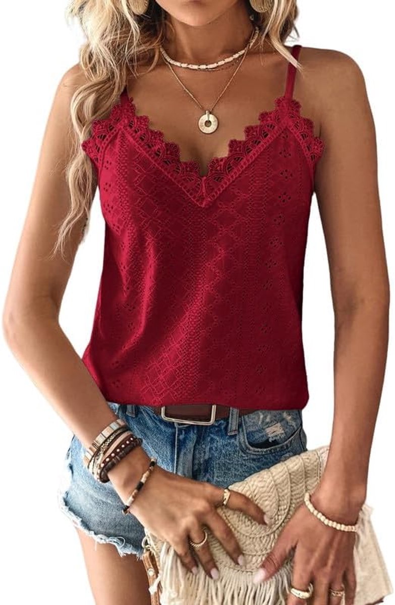 Vest Tops Dames Kanten Rand V-hals Dames Zomertops Tanktops Mouwloze Spaghettibandjes Cami Top Eyelet Borduursel Camisole Losvallende Blouse Shirt