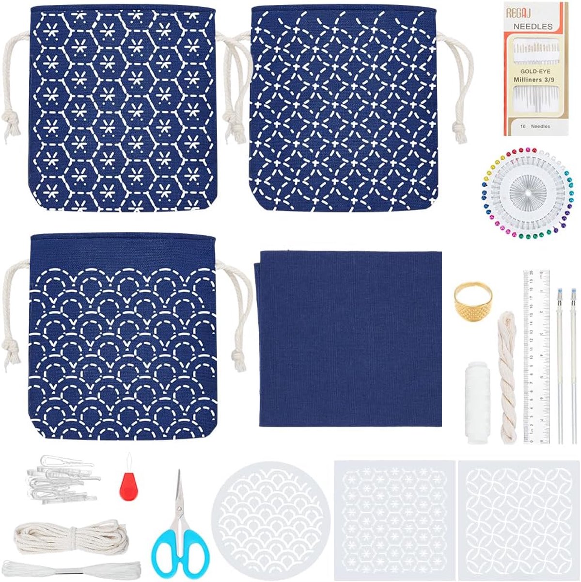 3 Set Sashiko Trekkoord Tas Kit DIY Sashiko Portemonnee Kit Marineblauwe Stof Sashiko Set voor Beginners Maak Je Eigen Tote Bag Sashiko Draad en Naalden Hand Naaien Kit voor Volwassenen