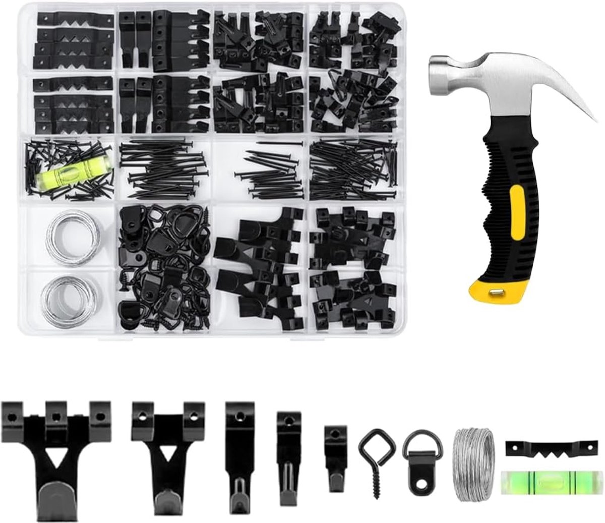 331 stuks foto opknoping kit, foto hangers, zware frame haken assortiment met foto draad, D ringen, hardware nagels, ooghaken, zwarte zware frame haken voor frames montage