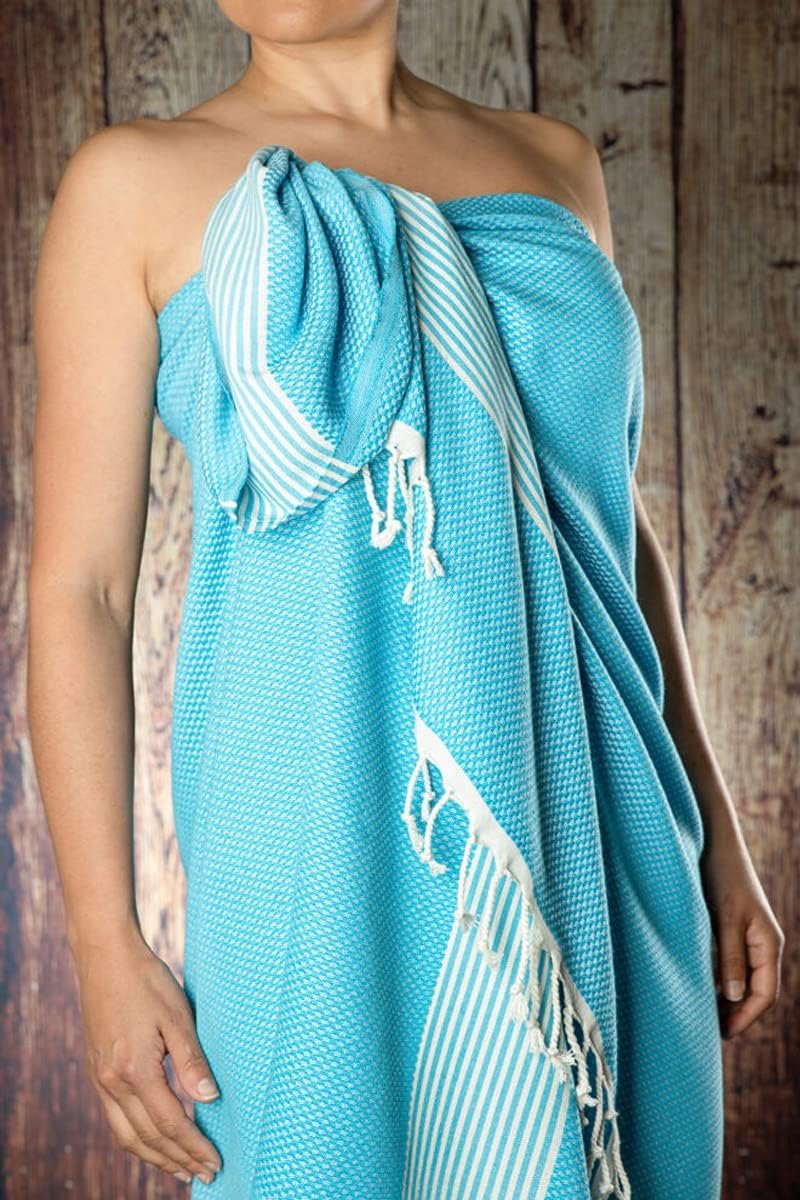 Hamam- en saunahanddoek | Badhanddoek | Extra Lang & Zacht Geweven | 210 cm x 100 cm | 100% biologisch katoen | Fairtrade (turquoise en wit, 1)