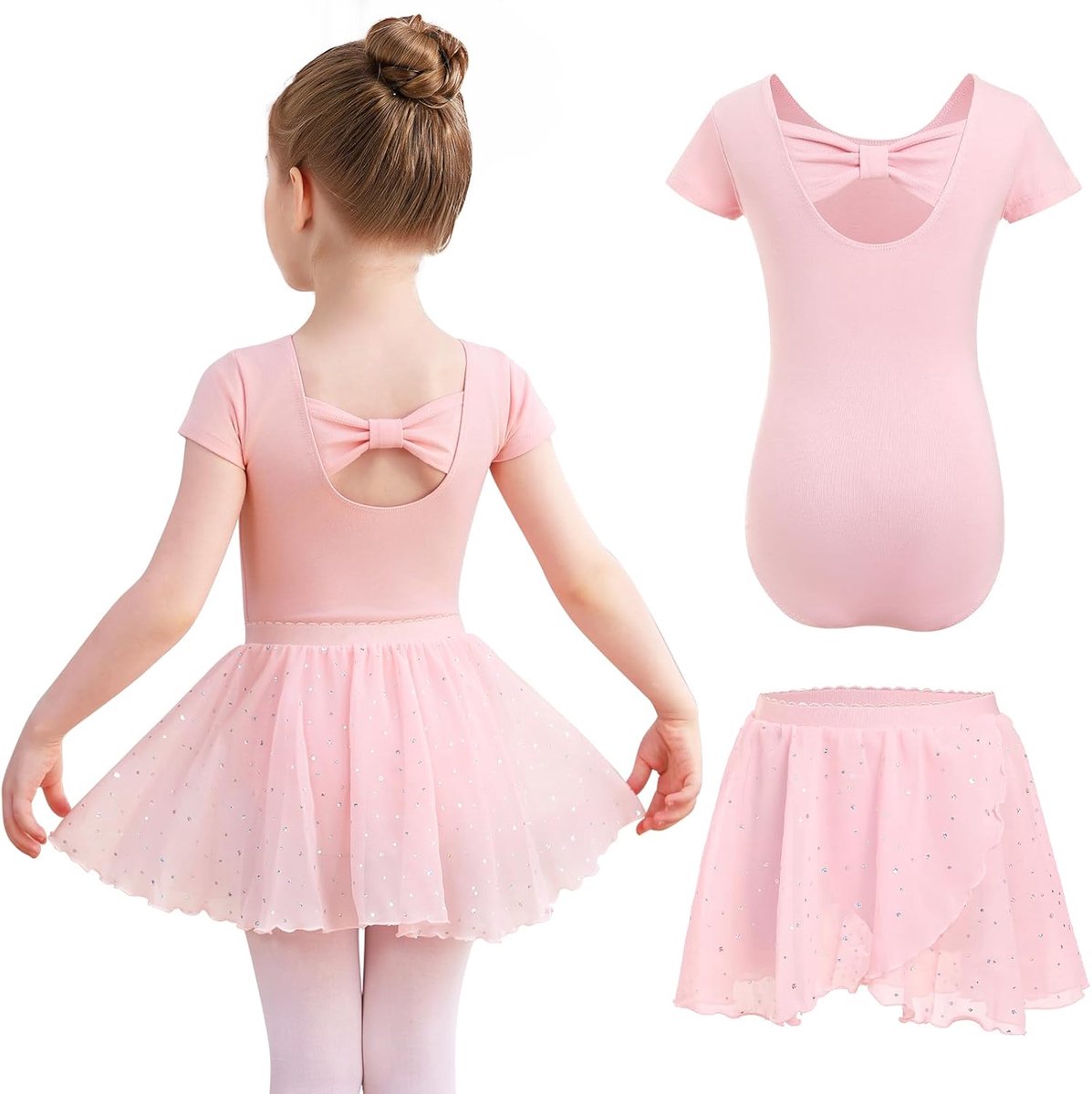Balletjurk voor meisjes van katoen, korte mouwen, balletpak met afneembare chiffonrok met pailletten voor kinderen, peuters
