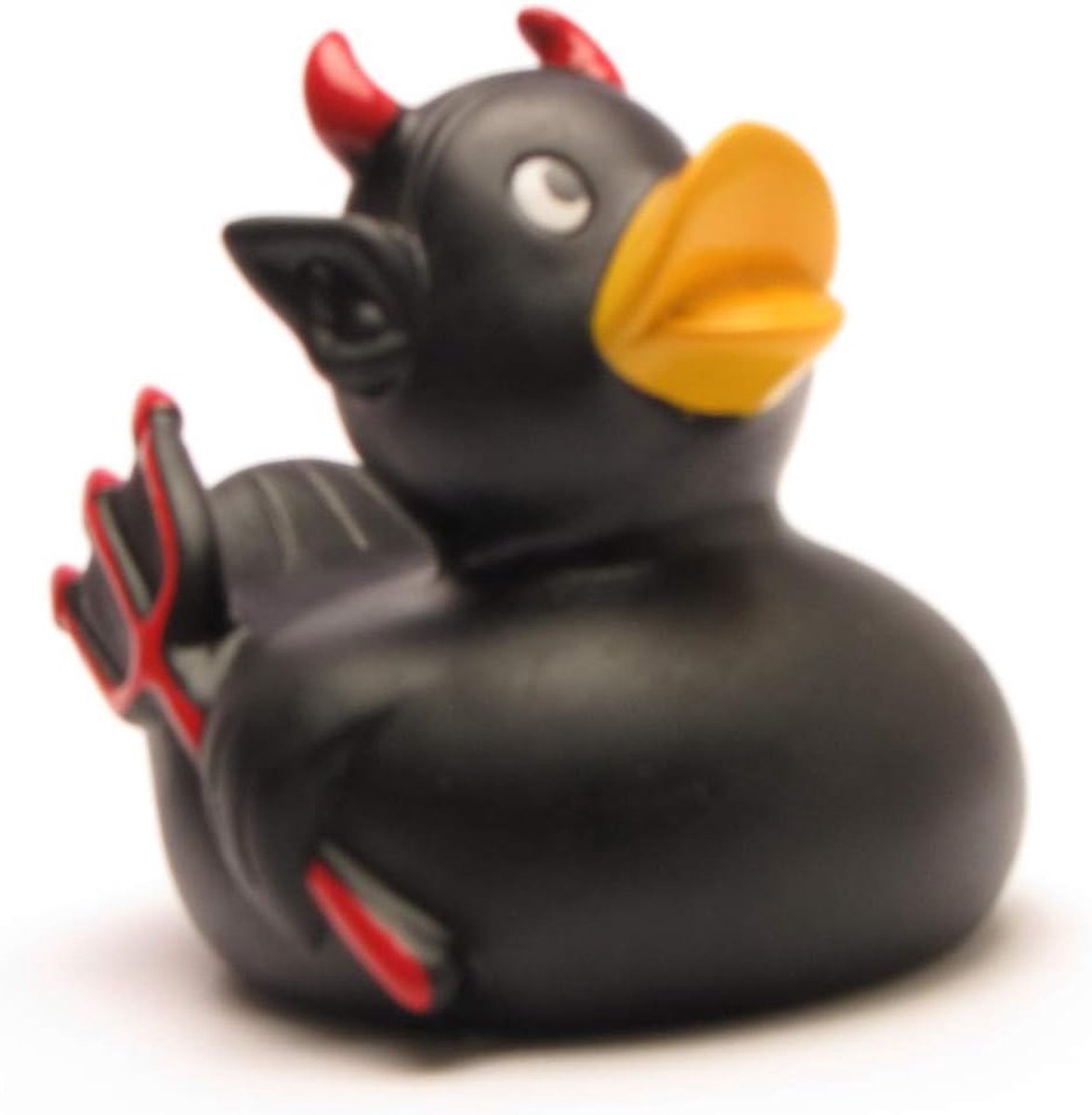 duivel zwart I piepende eend I Duckshop I L: 8 cm I incl. badeend sleutelhanger in set