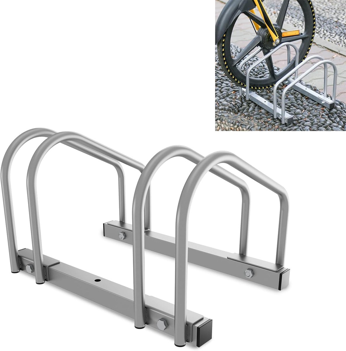 Fietsstandaard voor 2 fietsen, 35-55 mm bandbreedte, fietsstandaard, vloerparker, eenvoudige montage, fietsstandaard, verzinkt staal, 41 x 32 x 26 cm (zilver)