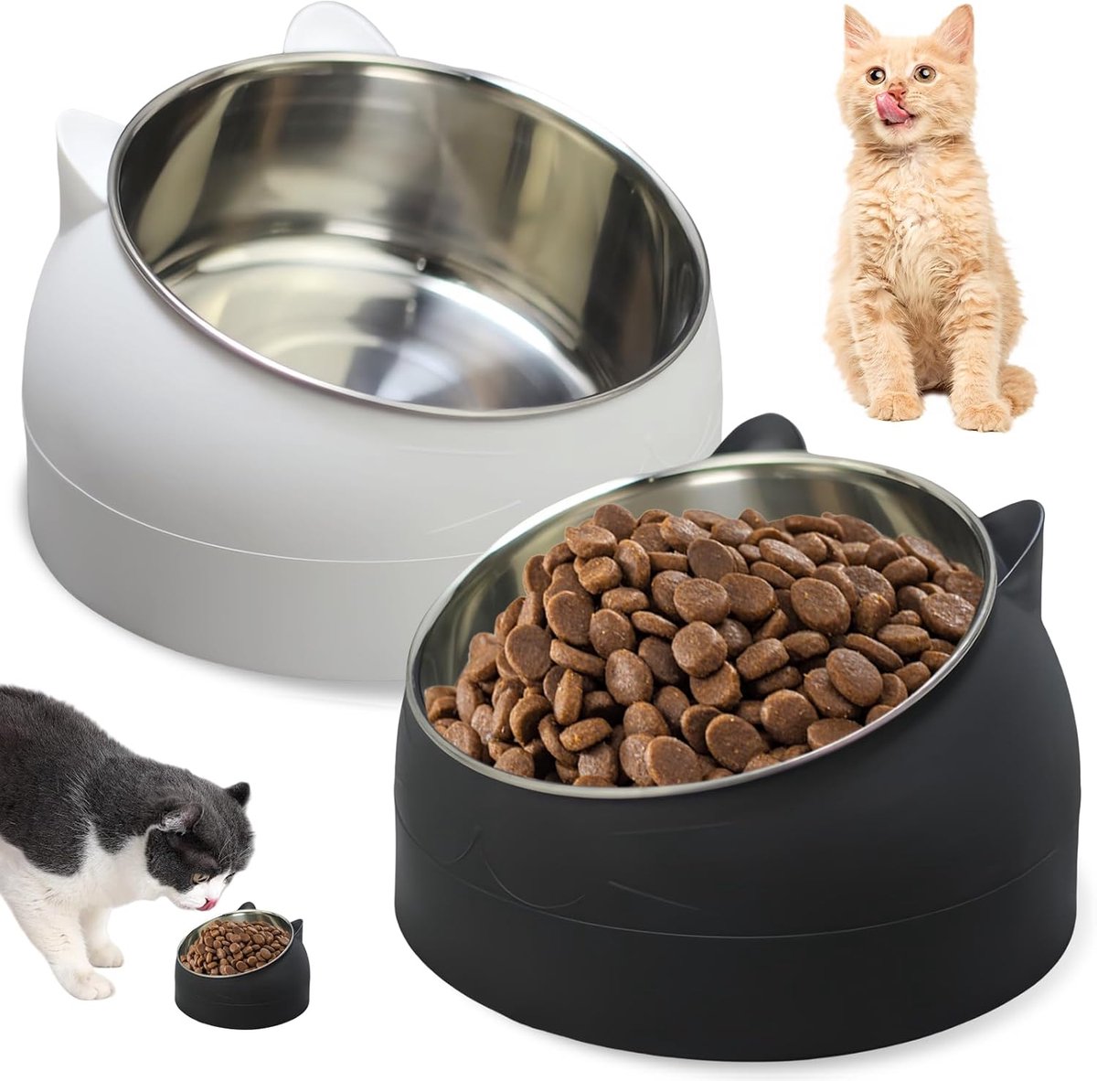 2 x kattenbak van roestvrij staal, voerbak kat, voerbak voor katten van roestvrij staal, 15° hellende verhoogde kattenvoerbak, voederbak voor katten en honden, roestvrijstalen bak, 400 ml