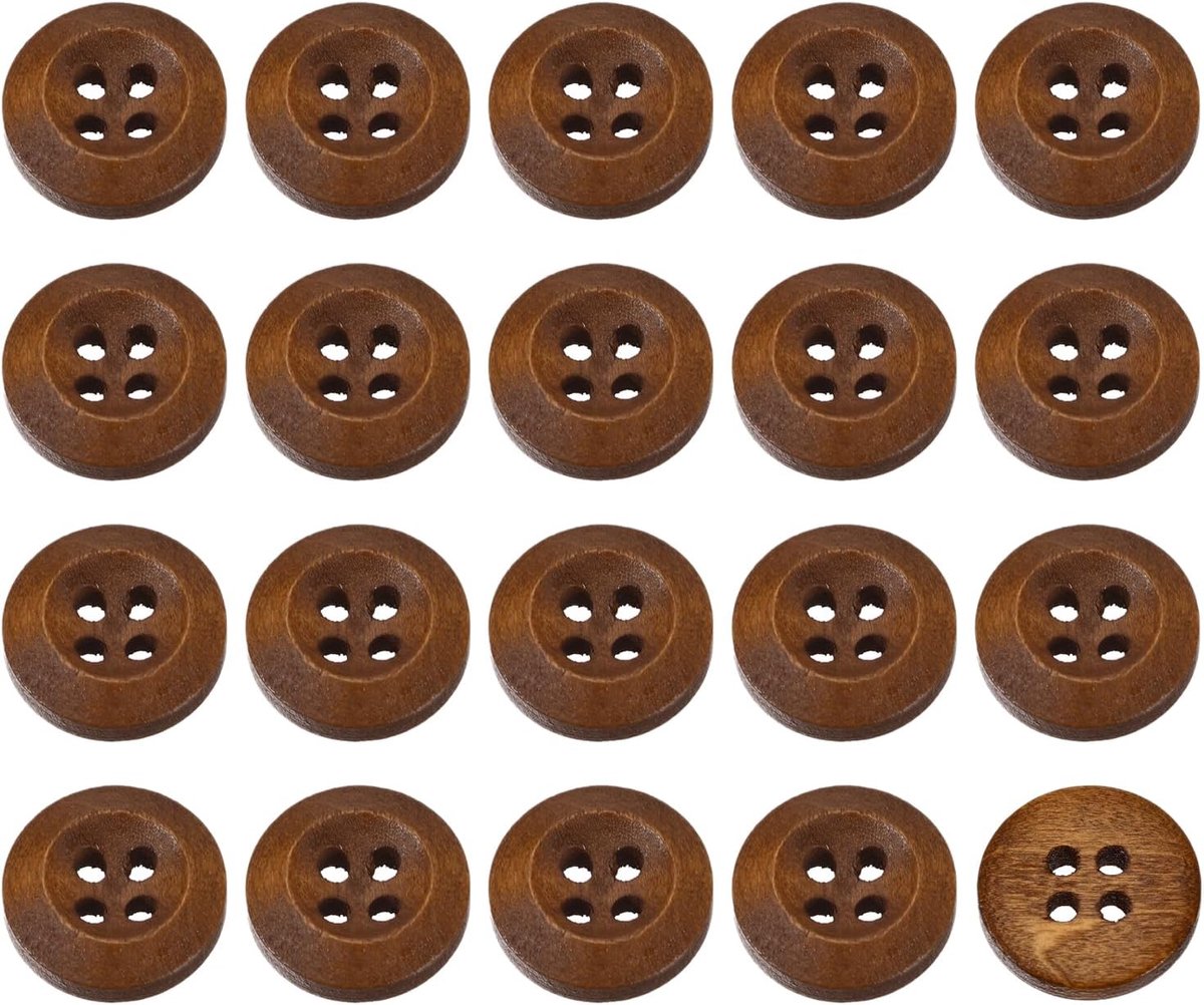 Knopen, 15 mm, ronde naaiknopen van hout met 4 gaten voor het naaien van kleding, handwerk, koffie