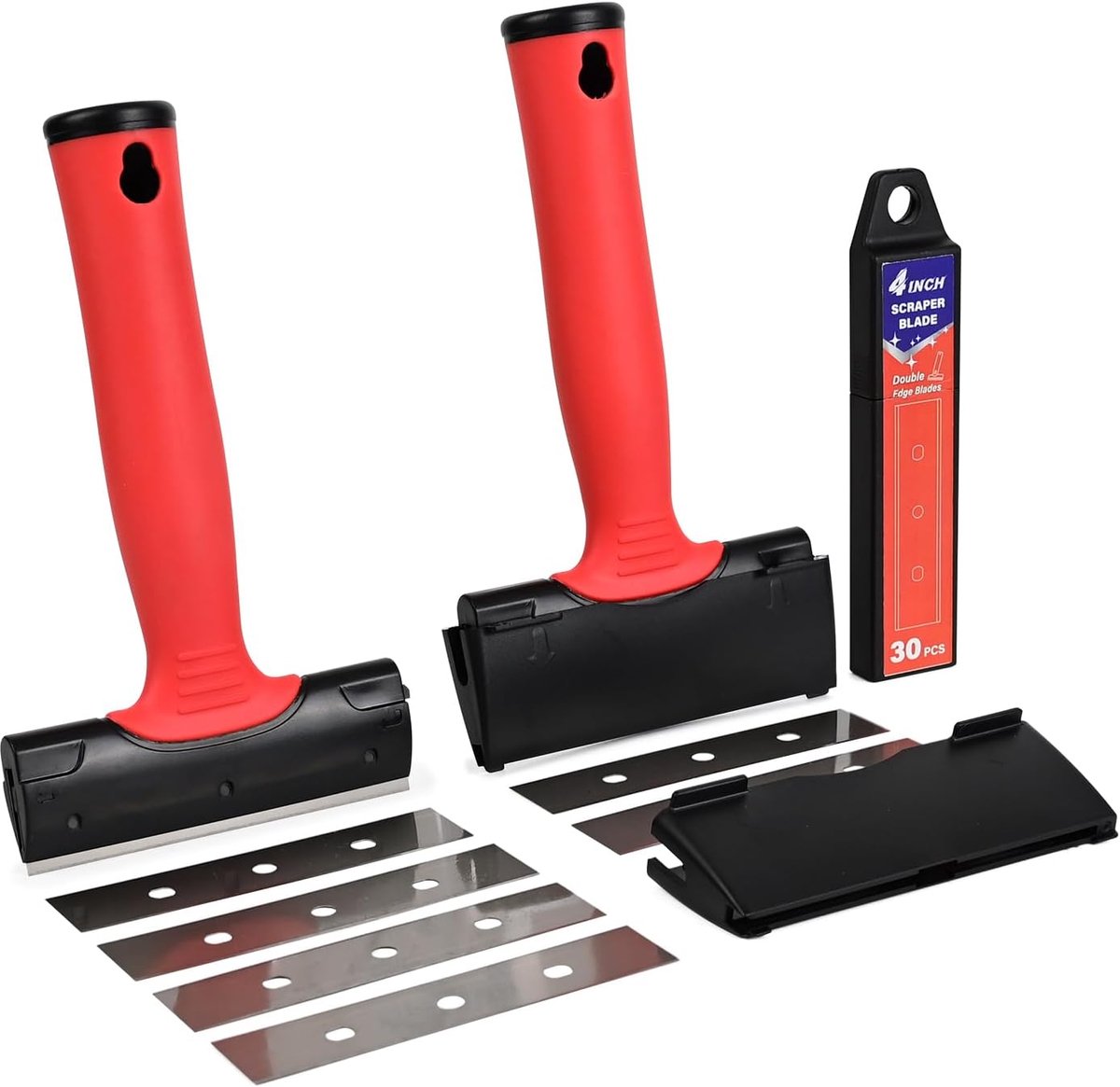 Glazen schraper met 30 koolstofstalen messen met verlenggrepen, voor ramen, glas, vloer, muur, oven, verf, stickers, 10 cm, 2 stuks