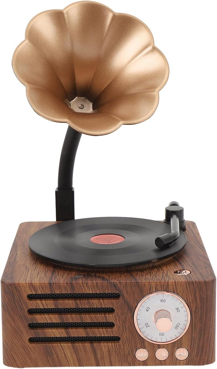 Bluetooth-luidspreker, 3 in 1 Aux en Radio Vintage Grammofoonfonograaf Platenspeler met Koperen Hoorn, Stereoluidsprekers voor Bureaudecoratie