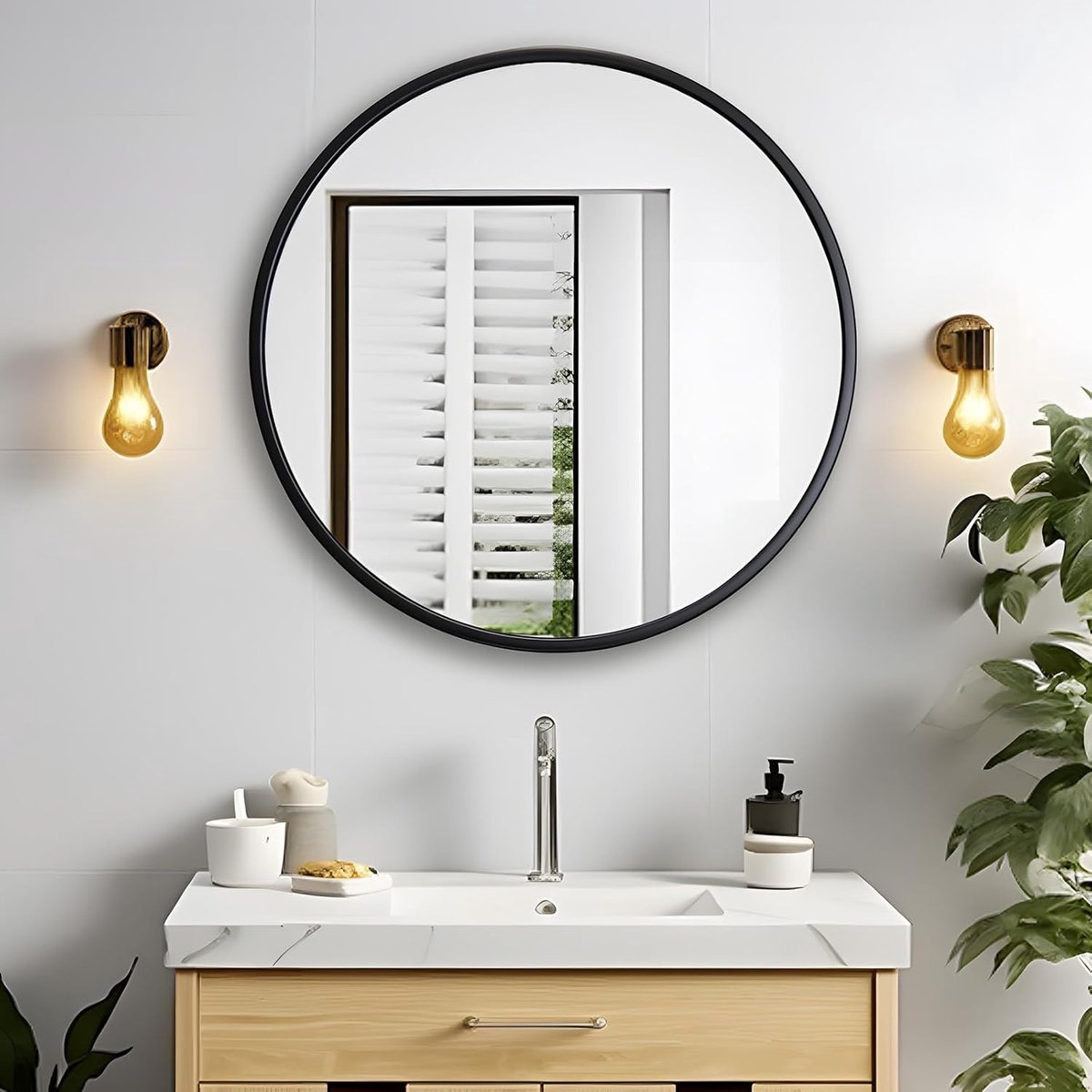 Badkamerspiegel, 70 cm, grote wandspiegel, rond, badkamerspiegel zonder verlichting, zwart metalen frame, decoratieve spiegel 70 x 70 cm, voor badkamer, woonkamer, toilet, hal J