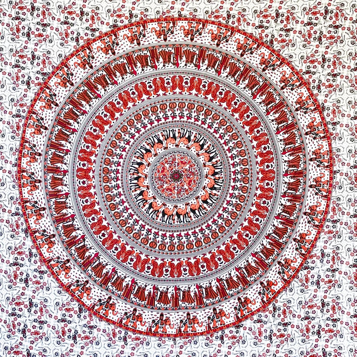 Wandtapijt Mandala - Stof, Veelkleurig, Oosters Ontwerp - Ideaal als Muurdoek Mandala, Muurbehang en Wandtapijt Boho - Wit-Oranje, 210x230 cm