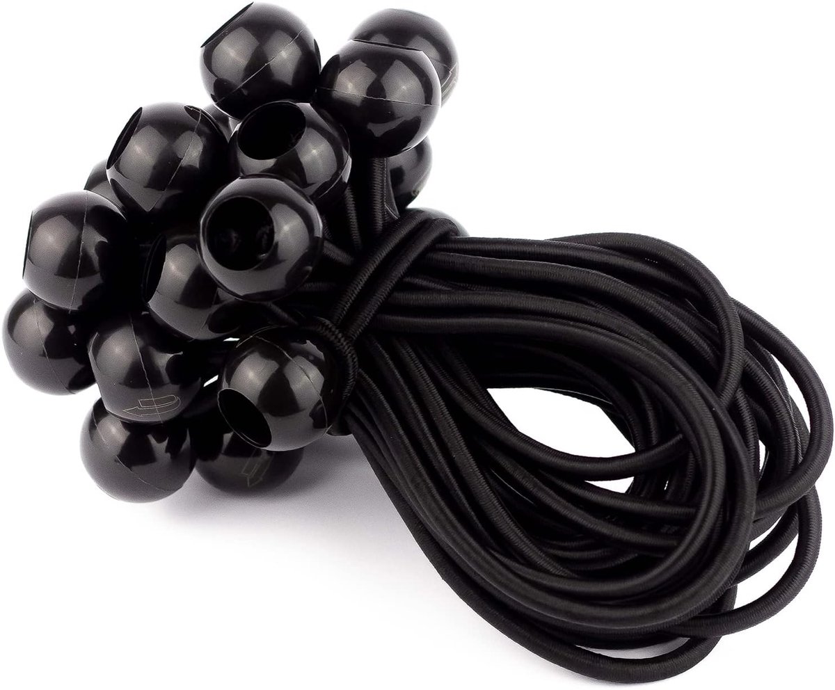 Spanrubbers met bol, 25 stuks, expanderbevestiging voor dekzeilen, banners, aanhangers, tent, trampoline enz., universele rubberen spanner in zwart.