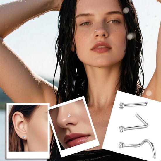 12 stuks chirurgisch staal neuspiercing, zilver, voor vrouwen, neuspiercing met schroefdraad, recht of L-vorm — afbeelding 5