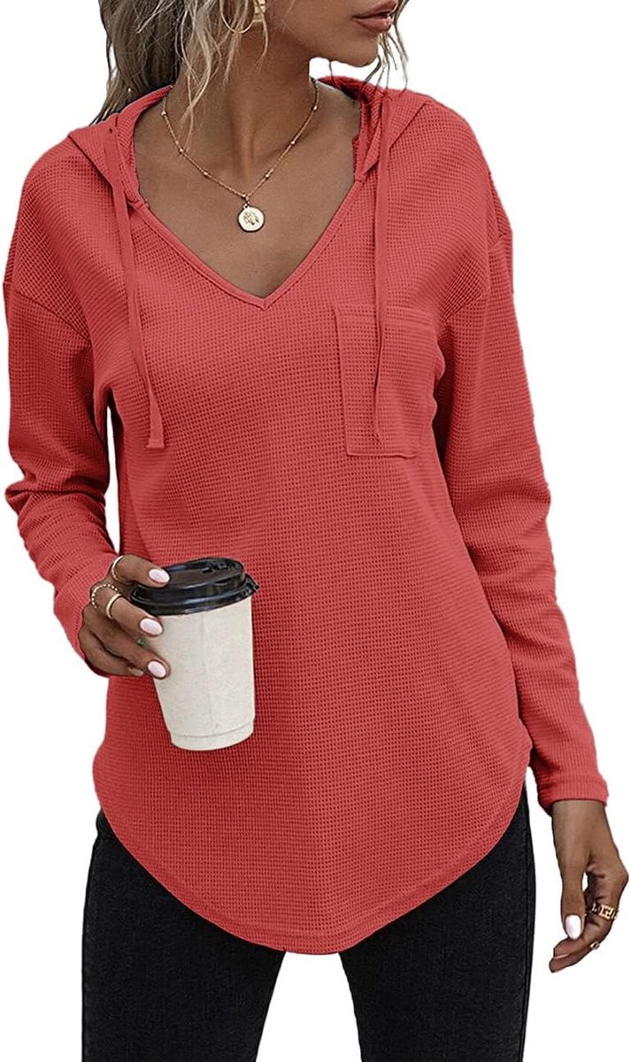 Pullover, dames, hoody, lange mouwen, V-hals, sweatshirt, effen, trekkoord, top