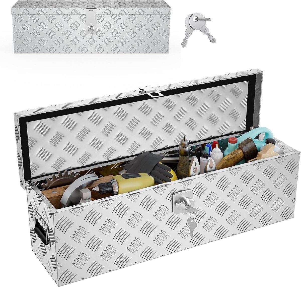 Aluminium doos, aluminium doos, truckbox, 800 x 220 x 225 mm, afsluitbare aluminium transportbox, hanger voor gereedschap, disselbox met deksel, robuuste aluminium doos voor mobiel gebruik