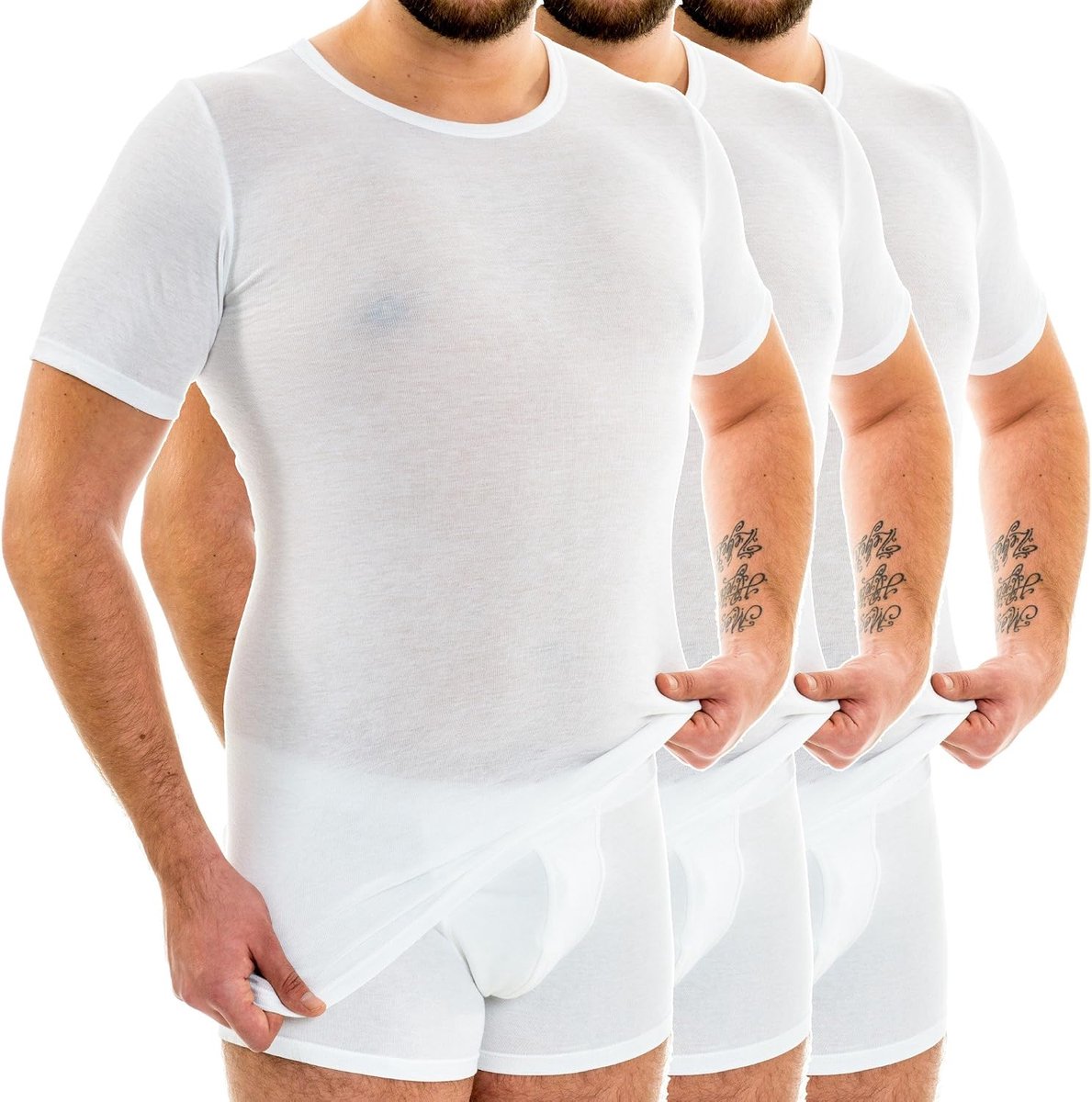 3847 3-pack Heren extra lang shirt met korte mouwen (+ 10 cm) onderhemd met 1/4 arm van 100% biologisch katoen (fijne rib)