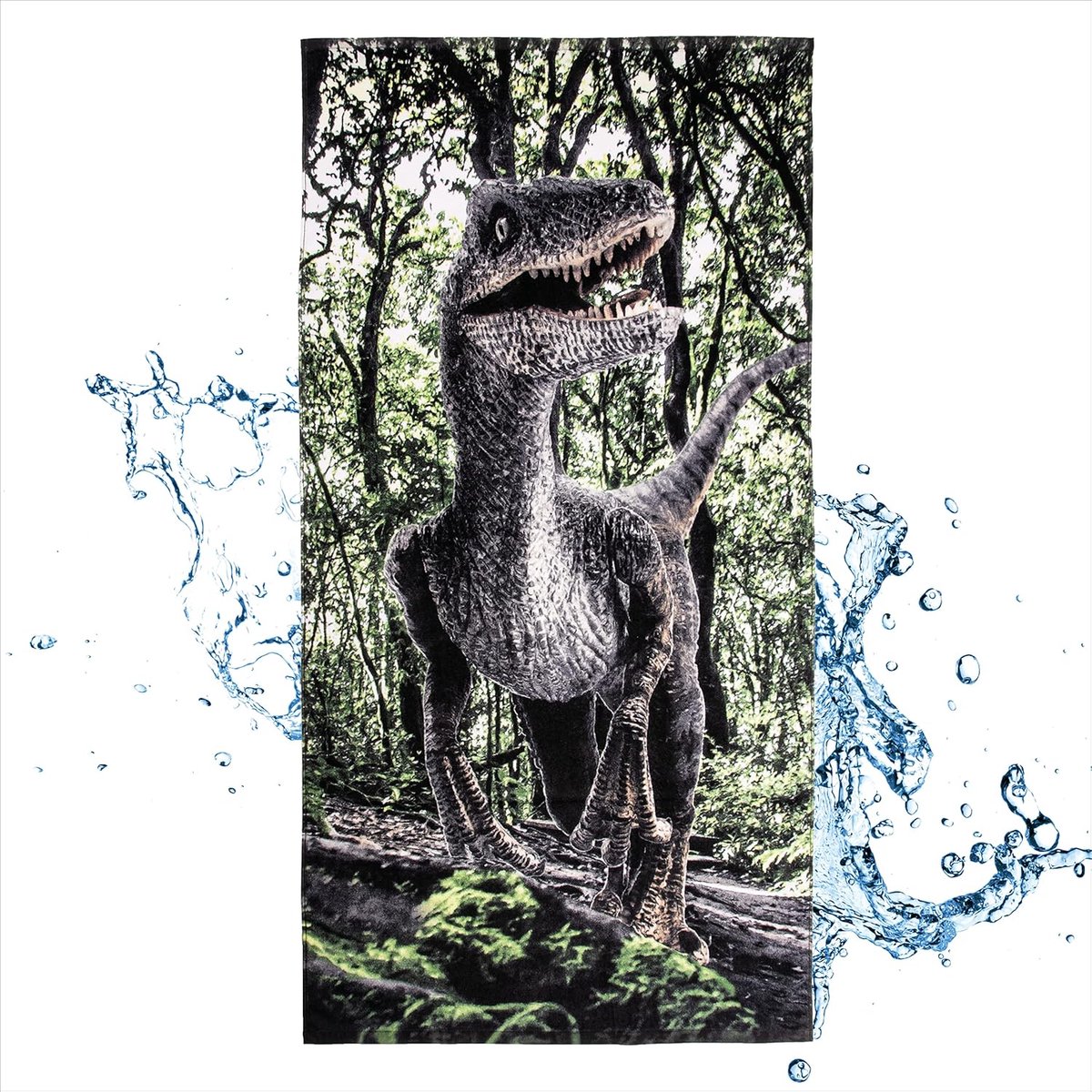 dino, voor kinderen, 100% katoen, Oeko-Tex standaard, sneldrogend, voor jongens en meisjes, 70 x 140 cm, badhanddoek, strandhanddoek, grote dinosaurus, velociraptor