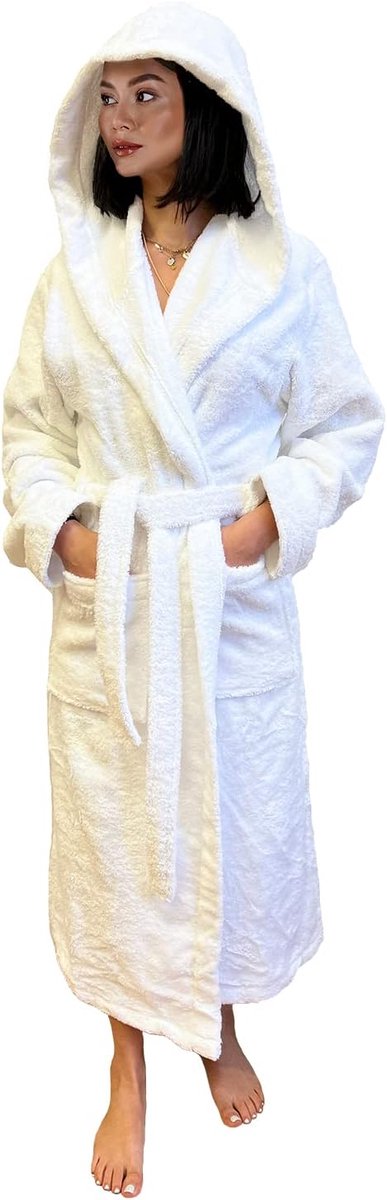 Badjas voor dames en heren, hotel en luxe SPA, badstof, katoen, met capuchon, effen, perla, Wit, M