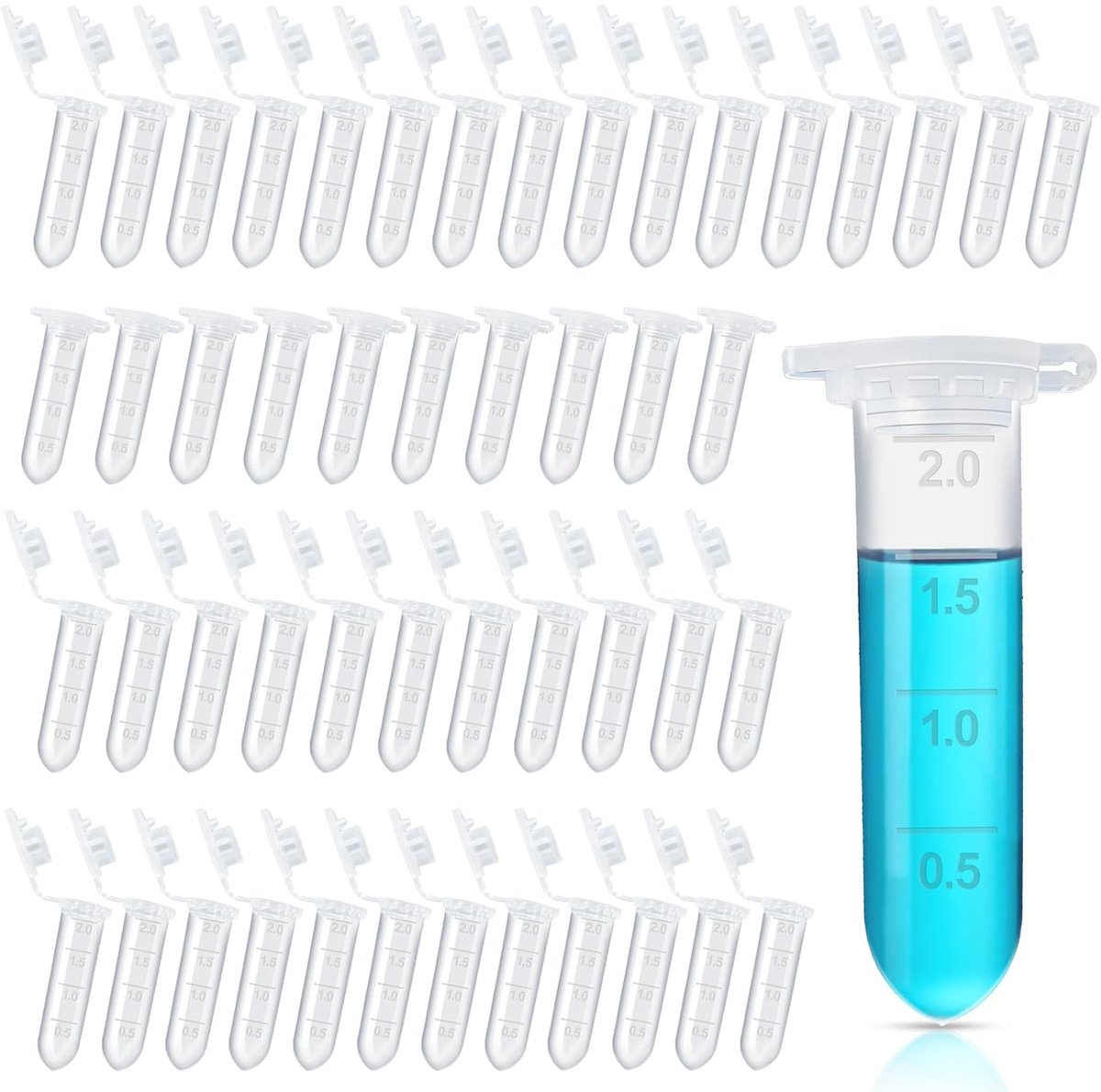 50 stuks proefbuisjes, centrifugebuisjes, reactievaten, Eppendorf-vat, transparante microcentrifugebuisjes van kunststof voor laboratoriumgebruik (0,5 ml, 1,5 ml, 2 ml) (2 ML)