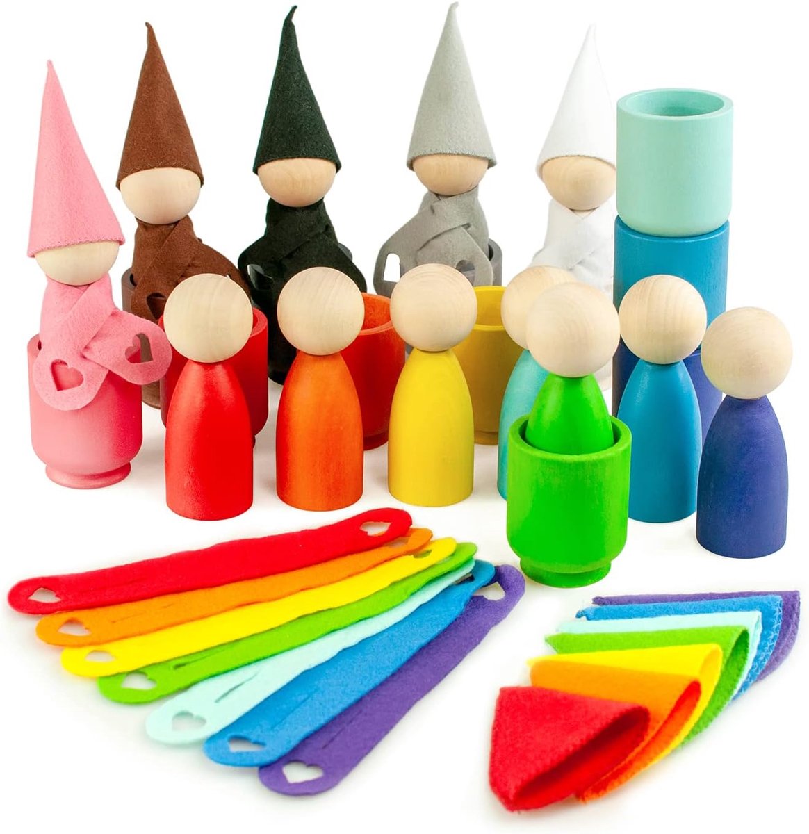 Houten Poppetjes Bekers Mutsjes Sjaals Montessori Speelgoed 1 Jaar | Houten sorteerset; 12 kleuren; bekers, vilten mutsjes en sjaaltjes; berkenhouten dienblad