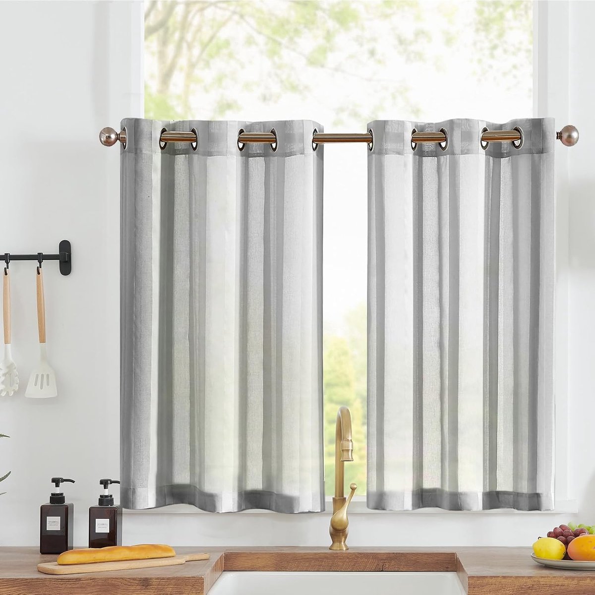 Voile Vitrage, modern met ogen, strepen, transparant, grijs, bistrogadine, set van 2, 90 x 60 cm (b x h), landhuisgordijnen, kort, gestreept, korte gordijnen, keukengordijnen voor badkamer