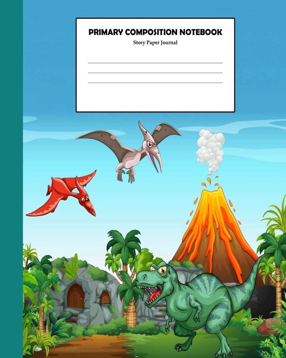 Composition Notebook Story Paper Journal: Notebook Grades K-2 | Composition Journal for Handwriting with Picture Box and Dashed Midline | Dinosaur World