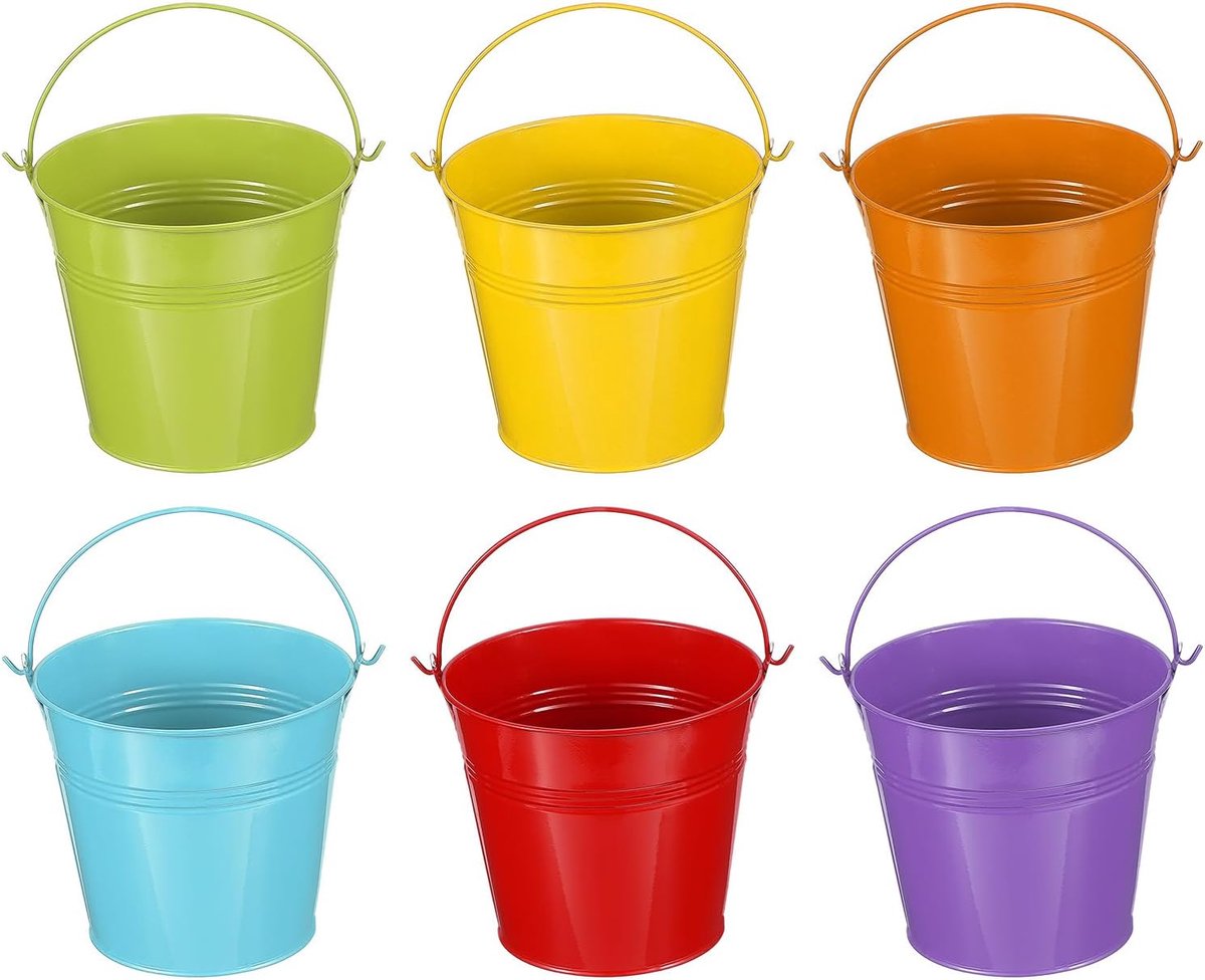 12,7cm x 11,9cm Kleine Metalen Emmertjes met Handvat, 6 Stuks Mini Paasemmertjes, Groen/Geel/Oranje/Blauw/Rood/Paars
