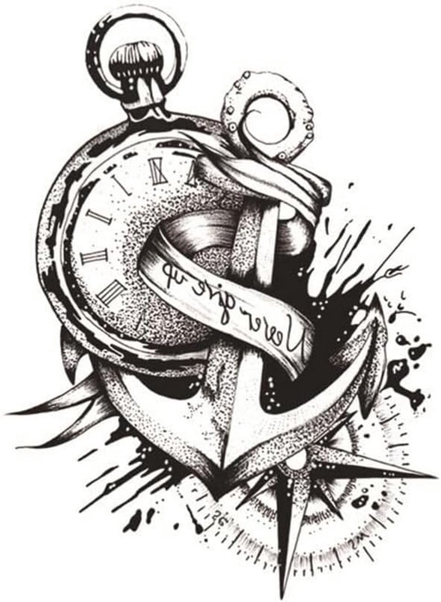 5 Afbeeldingen Anker Tattoo - Kompas, Klok, Opschrift - Tijdelijke Huidtattoo
